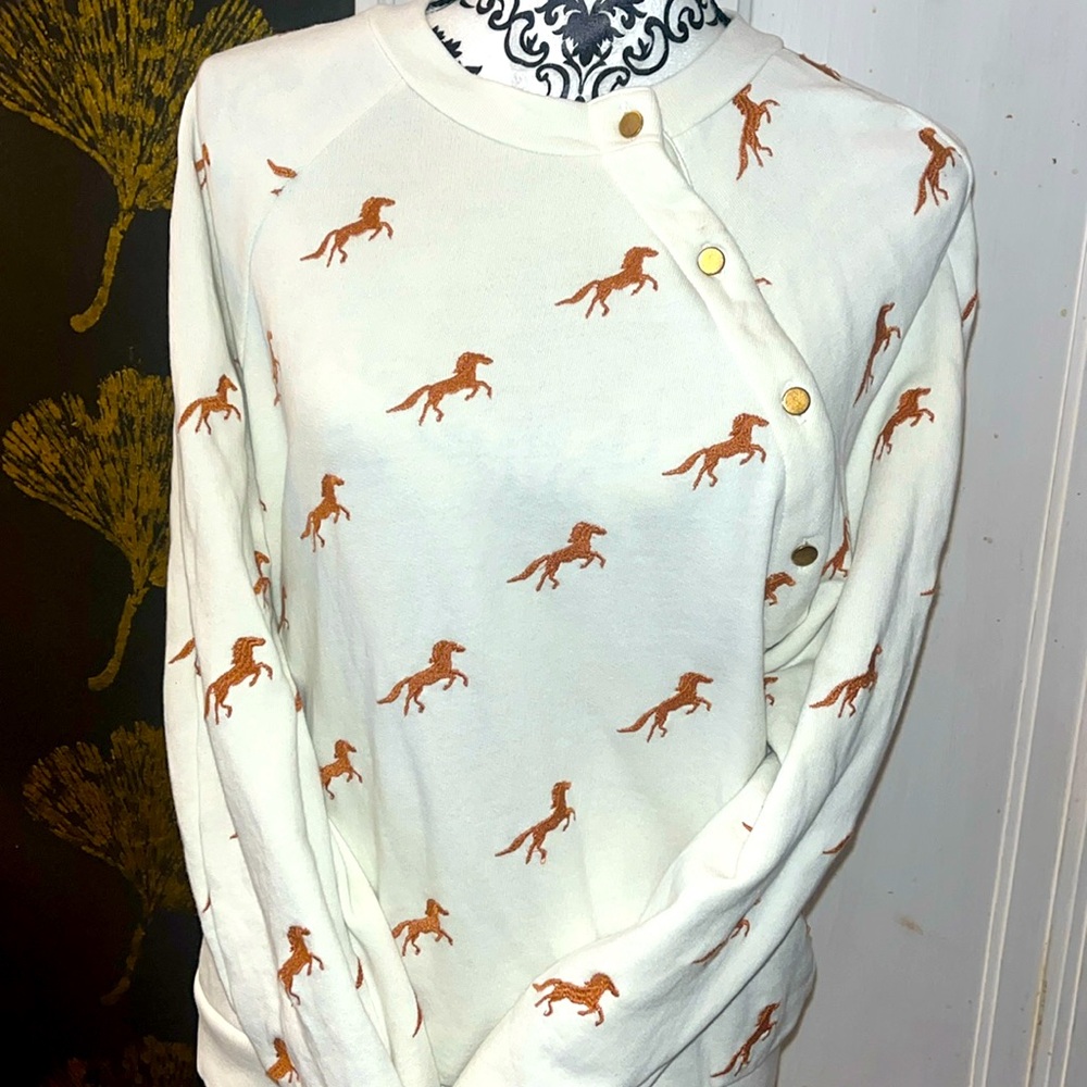 Anthropologie Maeve M Button Front Horse Print Sweatshirt.  Embroidered horses.